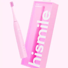 Roze elektrische tandenborstel van Hismile met bijpassende verpakking voor een stralende glimlach.