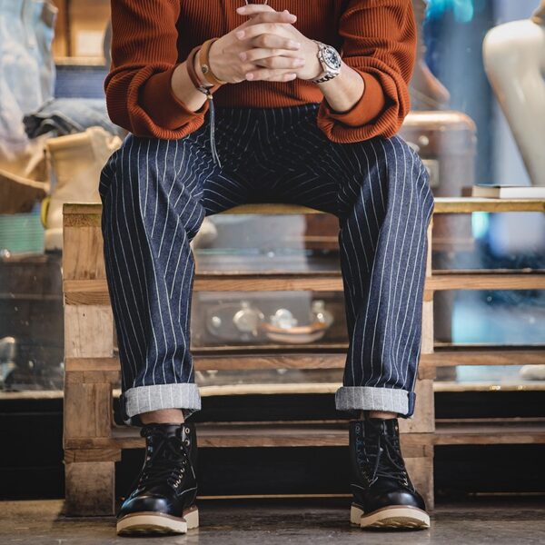Maat S - Spijkerbroek Gestreepte Retro Navy Broek - Afbeelding 5