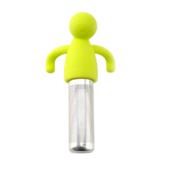 Groene theefiguur infuser met geel siliconen poppetje en RVS filter voor losse thee.