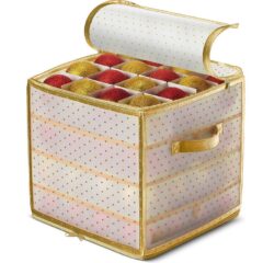Opbergdoos met vakken voor kerstballen, goudkleurige stippen en handvat voor eenvoudig dragen en veilig opslaan.