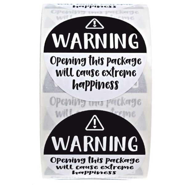 500 'Warning opening this package will cause extreme happiness' stickers 2,5cm diameter - Afbeelding 3
