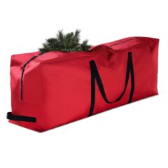 Rode kerstboom opbergtas met ritssluiting, gevuld met kunstkerstboomtakken. Ideaal voor opslag en bescherming.