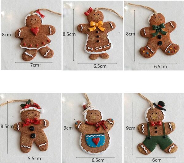 Zes decoratieve peperkoekmannetjes ornamenten van verschillende maten en details voor kerstversiering.