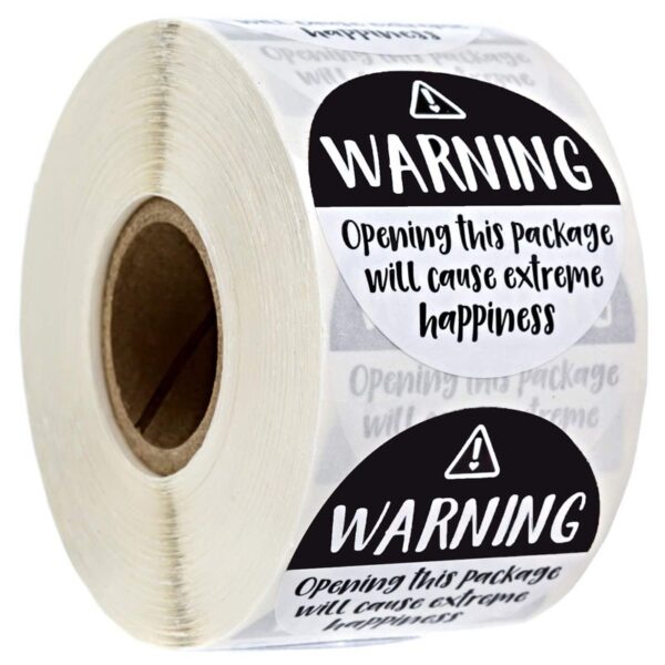 500 'Warning opening this package will cause extreme happiness' stickers 2,5cm diameter