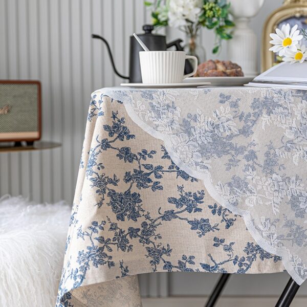 Tafelkleed 140 bij 180cm Crème Blauw - Bloemen - Klassiek - Vintage - Afbeelding 2