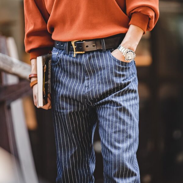 Maat S - Spijkerbroek Gestreepte Retro Navy Broek - Afbeelding 3