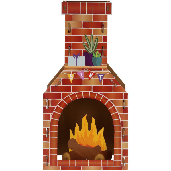 Papieren open haard met Sint-versiering en cadeaus, ideaal voor sfeervolle Sinterklaasdecoratie in huis.