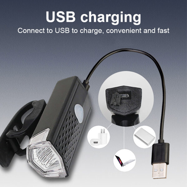 USB-oplaadbare fietslamp met USB-kabel en aansluiting, eenvoudig en snel opladen voor veilige nachtelijke fietstochten.