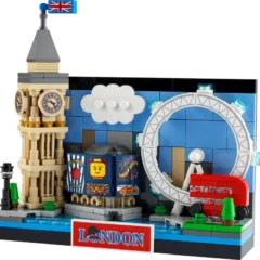 LEGO-set met Londense iconen zoals de Big Ben en het London Eye, op een speelse en kleurrijke manier afgebeeld.
