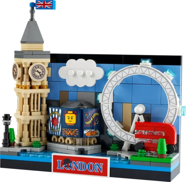 LEGO-set met Londense iconen zoals de Big Ben en het London Eye, op een speelse en kleurrijke manier afgebeeld.