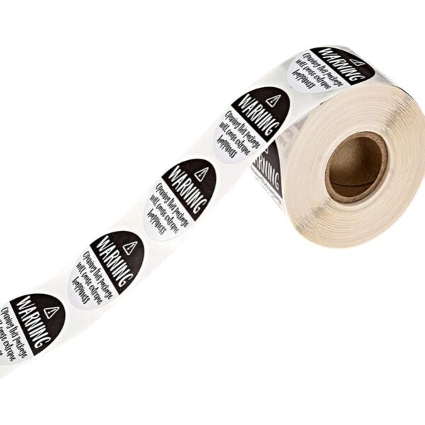 500 'Warning opening this package will cause extreme happiness' stickers 2,5cm diameter - Afbeelding 2
