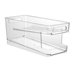 Transparante voorraadbak met handgrepen voor keukenorganisatie en opslag van voedsel en producten.