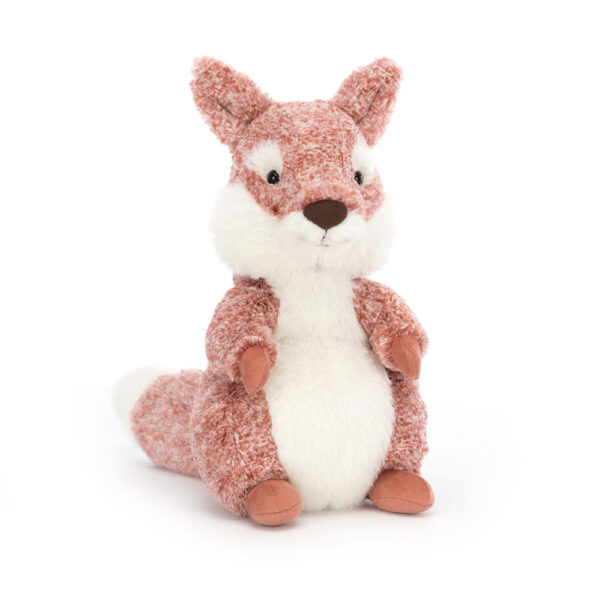 Pluchen eekhoorn knuffel met wit en bruin bont, zittend en schattig, ideaal voor kinderen en decoratie.