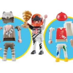 Playmobil set met verwisselbare outfits, inclusief trofee, sportkleding en historische kostuums voor creatief spelen.