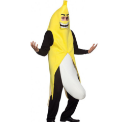 Man verkleed als vrolijke banaan met grote lach, grappig carnavalskostuum voor feest en plezier.