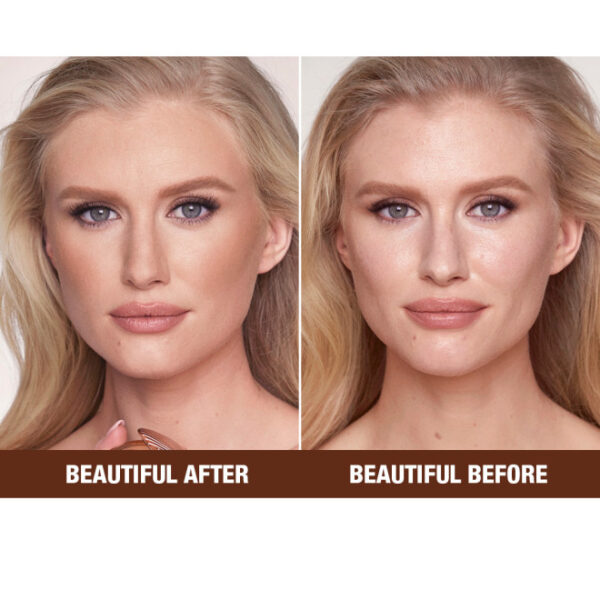 Voor en na make-upfoto van een vrouw, benadrukking gloedvolle huid en vloeiende foundation.