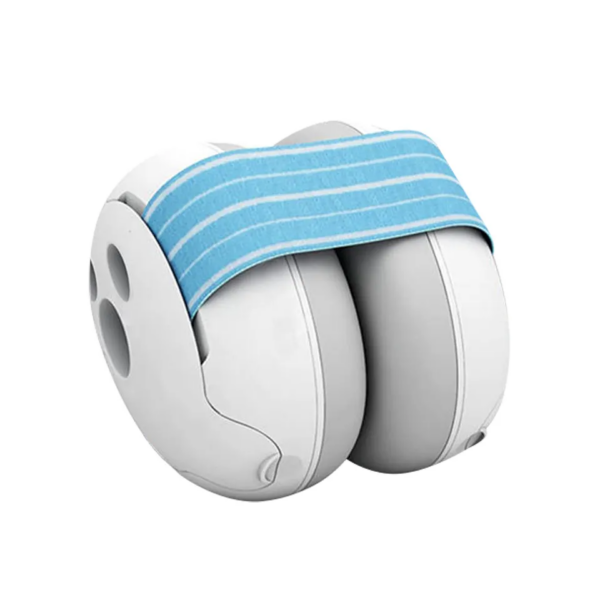 Opvouwbare witte massage-apparaat met blauwe band, draagbaar en compact ontwerp voor comfortabele rugmassage.