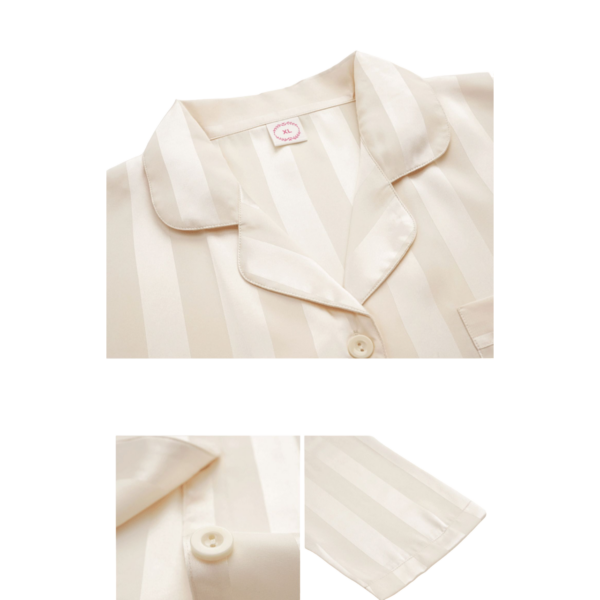 Crèmekleurig gestreept pyjamashirt met kraag en knopen, zachte zijde-achtige stof voor comfortabel slapen.