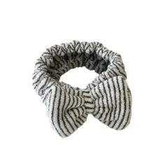 Grijs-wit gestreepte elastische haarband met strik, ideaal voor dagelijkse draagcomfort en stijlvolle haaraccessoires.