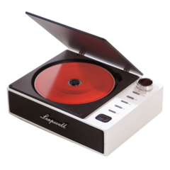 Moderne platenspeler met rode vinylplaat en open deksel, Leapwell-logo. Vintage muziekspeler voor audioliefhebbers.