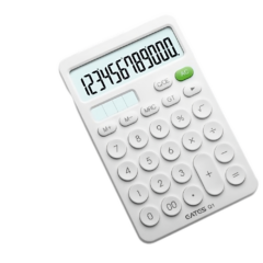 Witte calculator met getallen 0-9 op het scherm, liggend op een donkere achtergrond. Geschikt voor kantoorwerk.