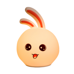 Schattig nachtlampje in de vorm van een konijn met grote ogen en roze oren, ideaal voor de kinderkamer.