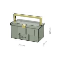 Transparante opbergdoos met handvat en afmetingen: 206x115x115 mm; ideaal voor organiseren en opbergen van kleine spullen.