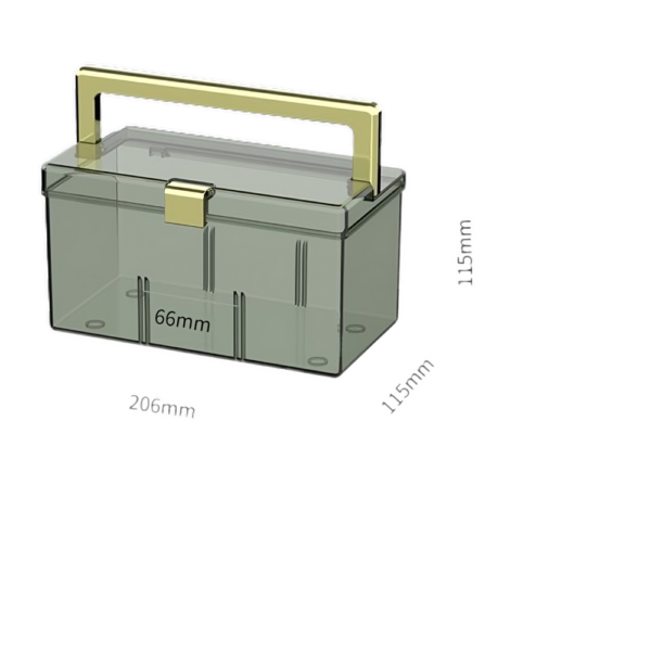Transparante opbergbox 206x115x115 mm met goudkleurig handvat, ideaal voor sieraden en kleine accessoires.