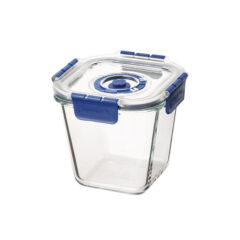 Luchtdichte glazen opbergbak met blauw deksel, ideaal voor het bewaren van voedsel en het vers houden van ingrediënten.