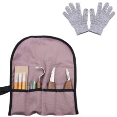 Houtsnijgereedschap set met handschoenen voor veilig houtsnijden, inclusief etui voor makkelijk opbergen.