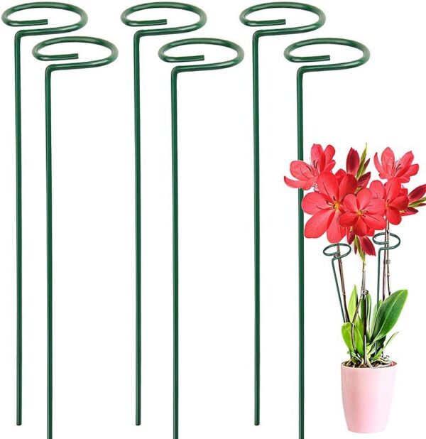 Groene plantensteunen met lussen voor het ondersteunen van bloeiende planten in een roze pot.