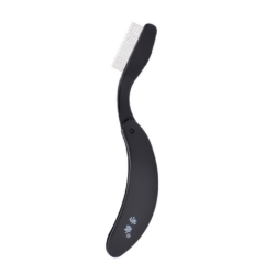 Zwarte verzorgingsborstel met gebogen handvat voor huisdierenverzorging en het verwijderen van losse haren.