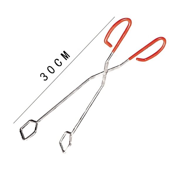 30 cm metalen tang met rode handvatten, ideaal voor barbecue en koken. Praktisch keukengerei.