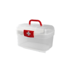 Doorzichtige EHBO-doos met rood handvat en kruis, ideaal voor opslag van medische benodigdheden en noodsituaties thuis.