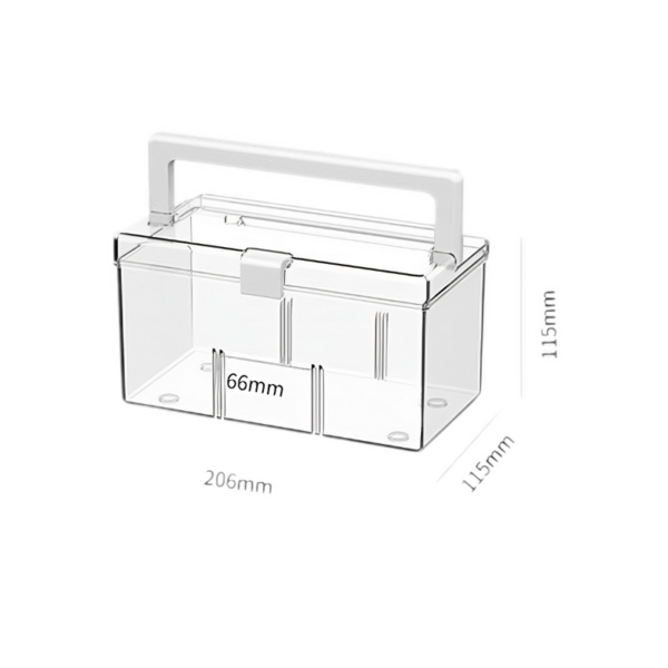 Transparante opbergdoos met handvat, afmetingen 206x115x115 mm, veelzijdig voor opslag en organisatie.