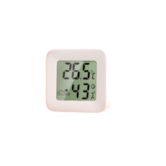 Digitale thermometer en hygrometer met temperatuur 26,5°C en luchtvochtigheid 43% op wit achtergrond.