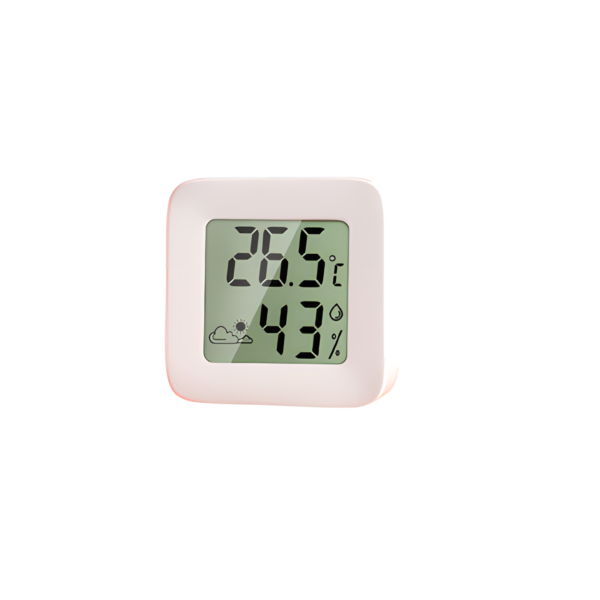 Digitale thermometer en hygrometer met temperatuur 26,5°C en luchtvochtigheid 43% op wit achtergrond.