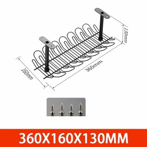 Zwart metalen rek van 360x160x130mm met bevestigingsschroeven; ideaal voor keukenopslag en organisatie.