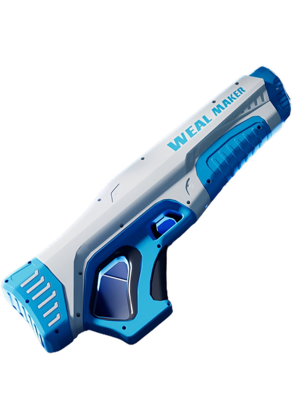 Blauw-witte speelgoedwaterpistool op zwarte achtergrond, merknaam zichtbaar. Ideaal voor zomers waterplezier.