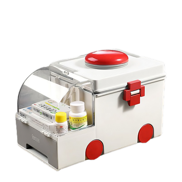 Medische noodhulpkoffer met rood kruismotief en verschillende medicijnen, compact en handig voor thuisgebruik.