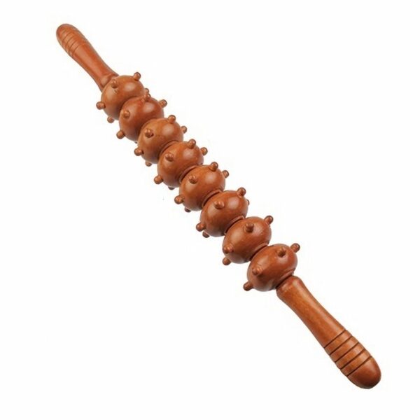 Houten massage stick met meerdere knoppen voor spierontspanning en pijnverlichting.