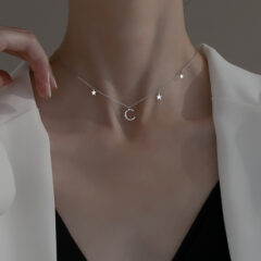 Zilveren ketting met maansikkel en ster hanger, gedragen door een vrouw in een stijlvolle zwarte top en witte blazer.