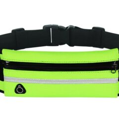 Fluorescerend groene hardloopriem met zak en ritssluiting, ideaal voor veiligheid bij sporten in het donker.