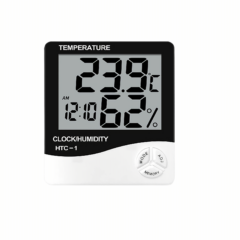 Digitale thermometer en hygrometer met klokfunctie, temperatuur 23,9°C, luchtvochtigheid 62%, model HTC-1.