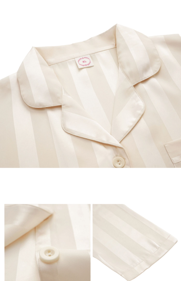 Beige gestreepte damespyjama met kraag en knoopsluiting. Luxe slaapkleding voor comfort en stijl.