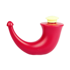 Rode nephoorn met geel mondstuk voor kinderen, ideaal voor fantasierijk spel en creatieve avonturen.
