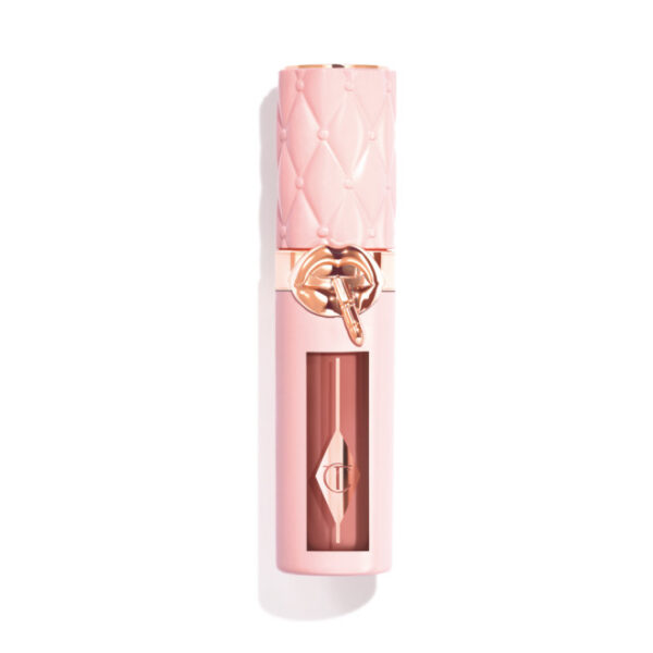 Roze luxe lipglossflesje met goudkleurige details, transparante behuizing en logo, elegant en stijlvol ontwerp.