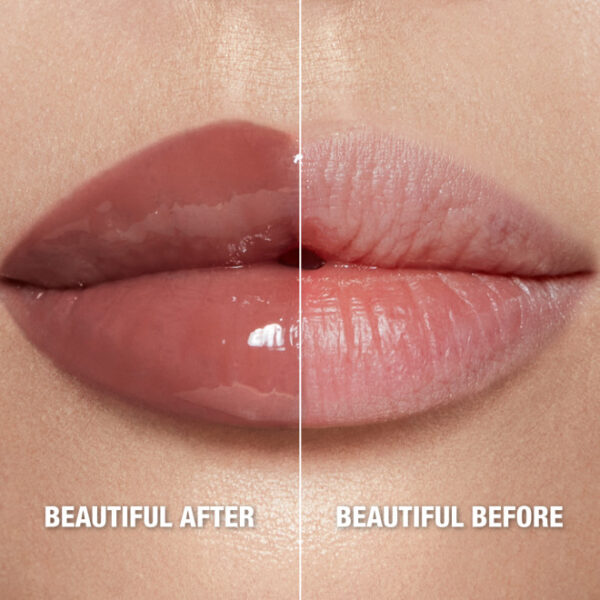 Lip make-over: links vol en glanzend, rechts natuurlijk en zacht. Voor-na effect van lippenbalsem.