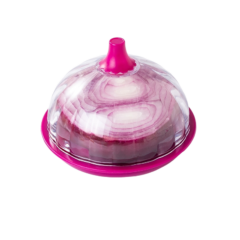 Uienhouder met roze deksel voor versheid en geurbehoud keukenopslagoplossing.