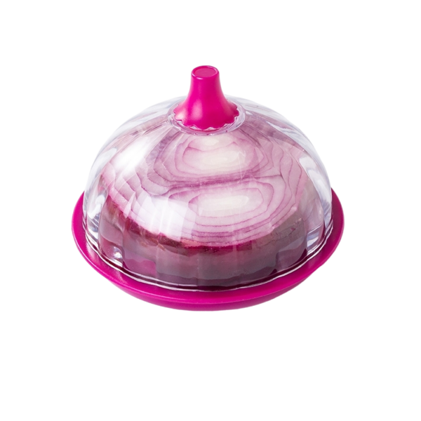 Uienhouder met roze deksel voor versheid en geurbehoud keukenopslagoplossing.